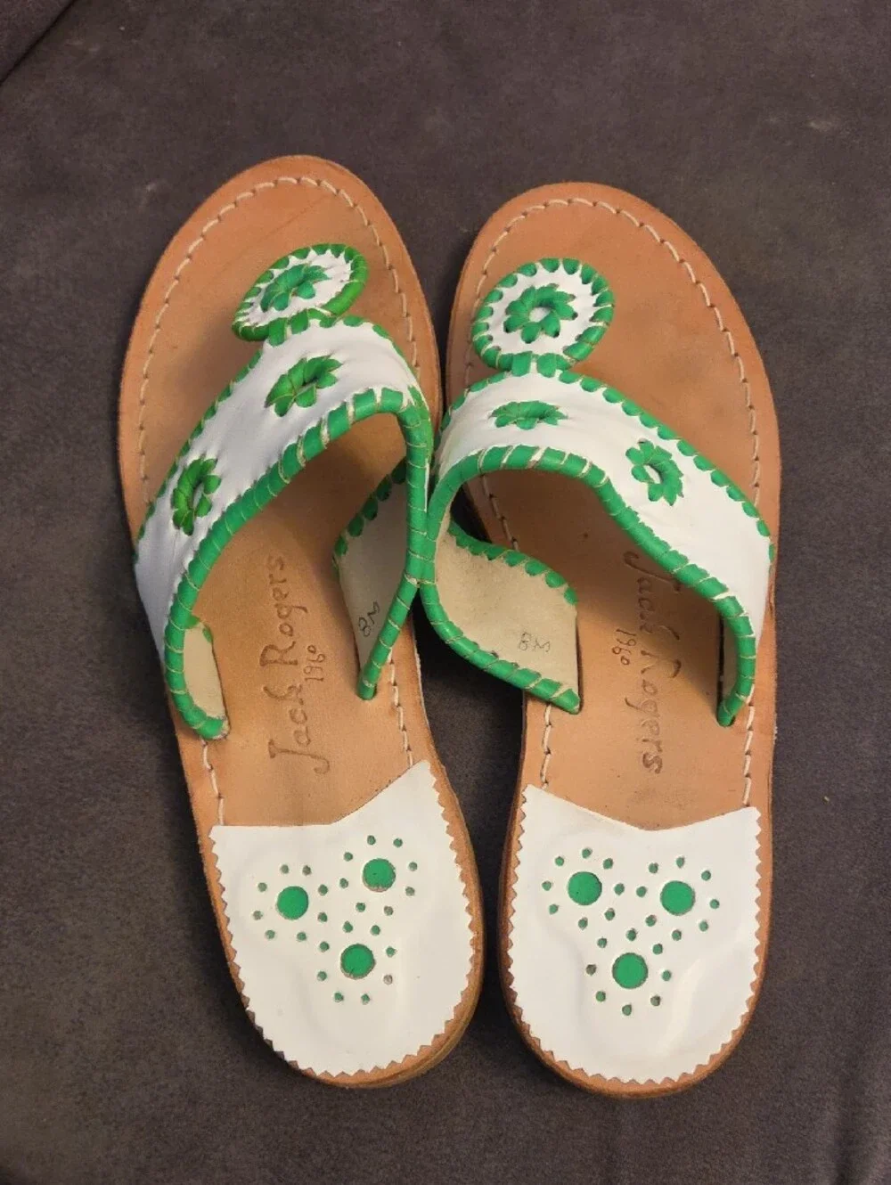Jack Rogers White and Green Floral Leather Slide Sandals